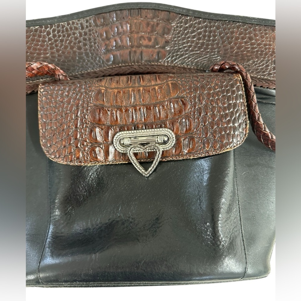 Brighton Bucket Bag Heart Clasp Closure Croc Leather Braided Shoulder Straps - Picture 5 of 7